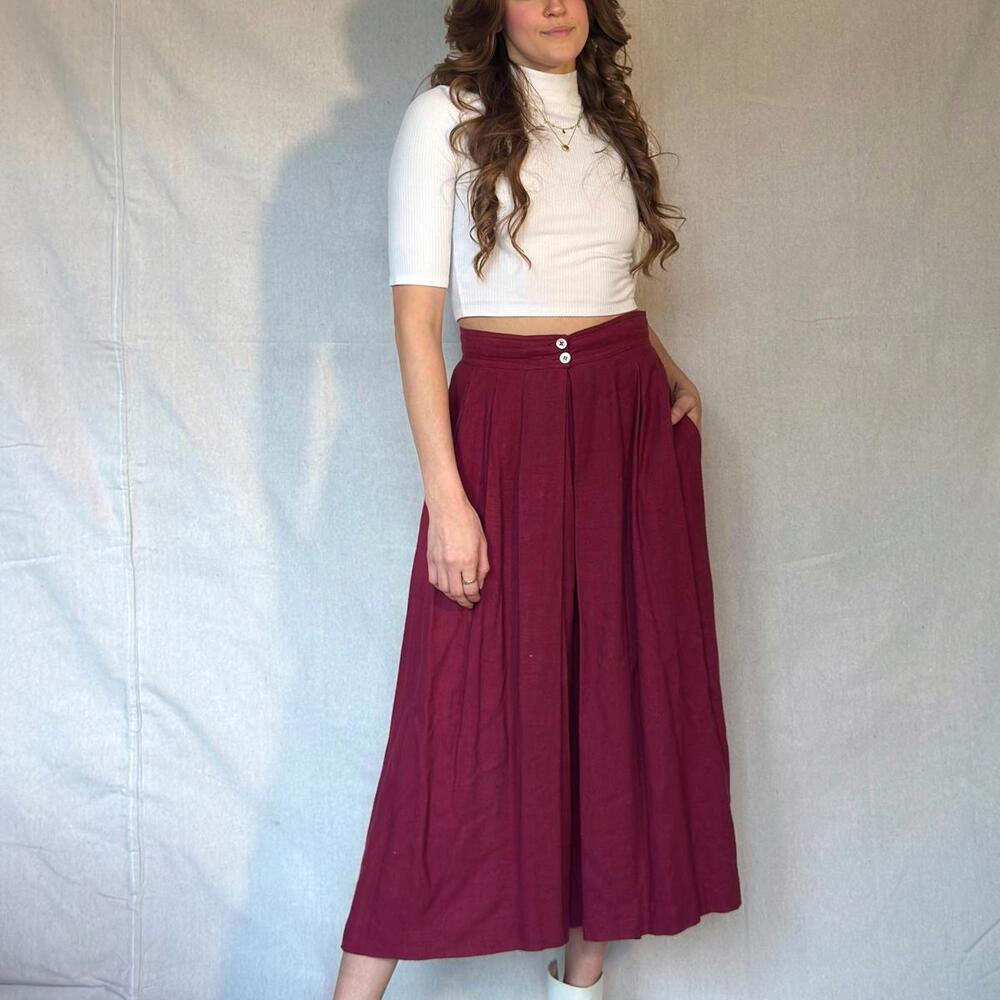70s Burgundy Pleated Midi Skirt - Picture 9 of 12